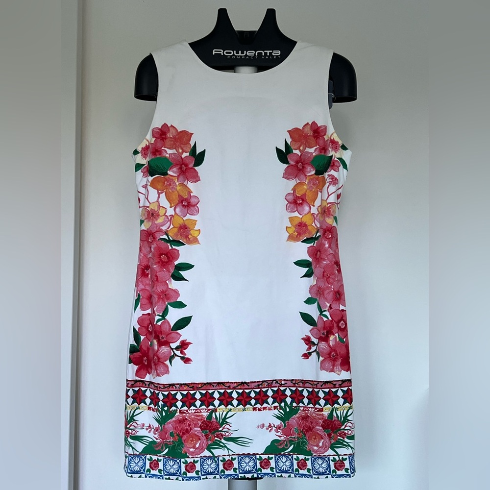 Desigual White Mini Dress with Pink, Yellow & Green Floral Panels